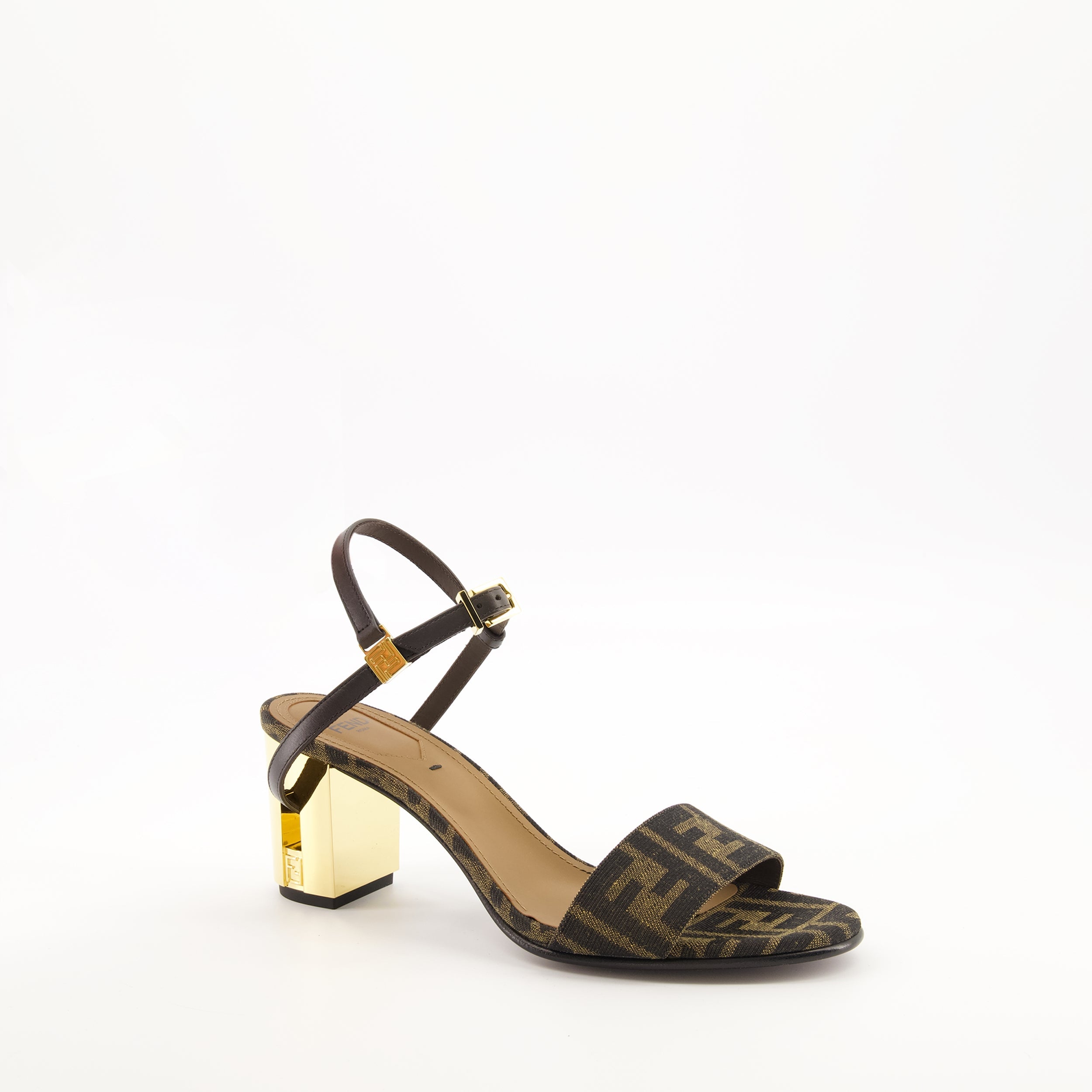 brown heeled sandals, Delfina, adjustable ankle strap, FF print, Fendi sandals