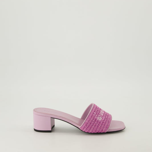 Raffia mules, open square toe, cylindrical heel, leather sole, embroidered logo