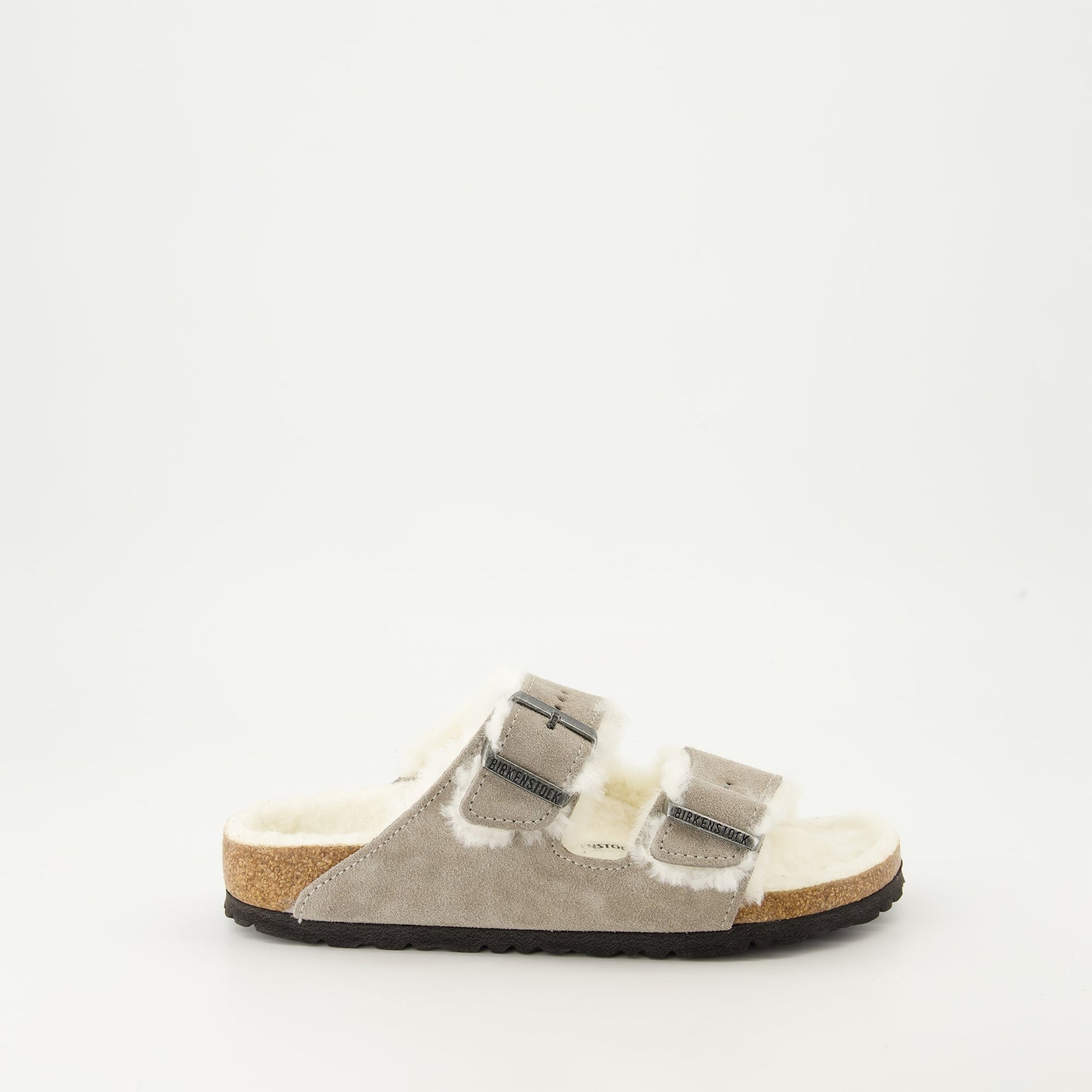 Birkenstock, shearling sandals, suede sandals, grey sandals, luxury footwear