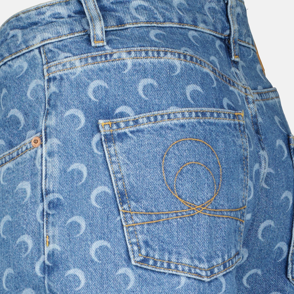 Marine Serre jeans, moon print denim, straight cut jeans, blue denim, five-pocket jeans