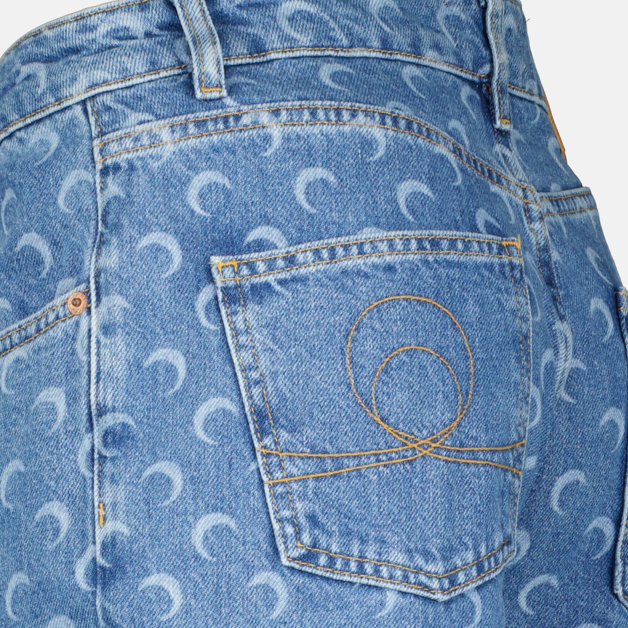 Marine Serre jeans, moon print denim, straight cut jeans, blue denim, five-pocket jeans