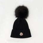 Image of Wool Beanie with Black Pom Pom by Moncler for Women - Season Autumn-Winter 2025 - Front View