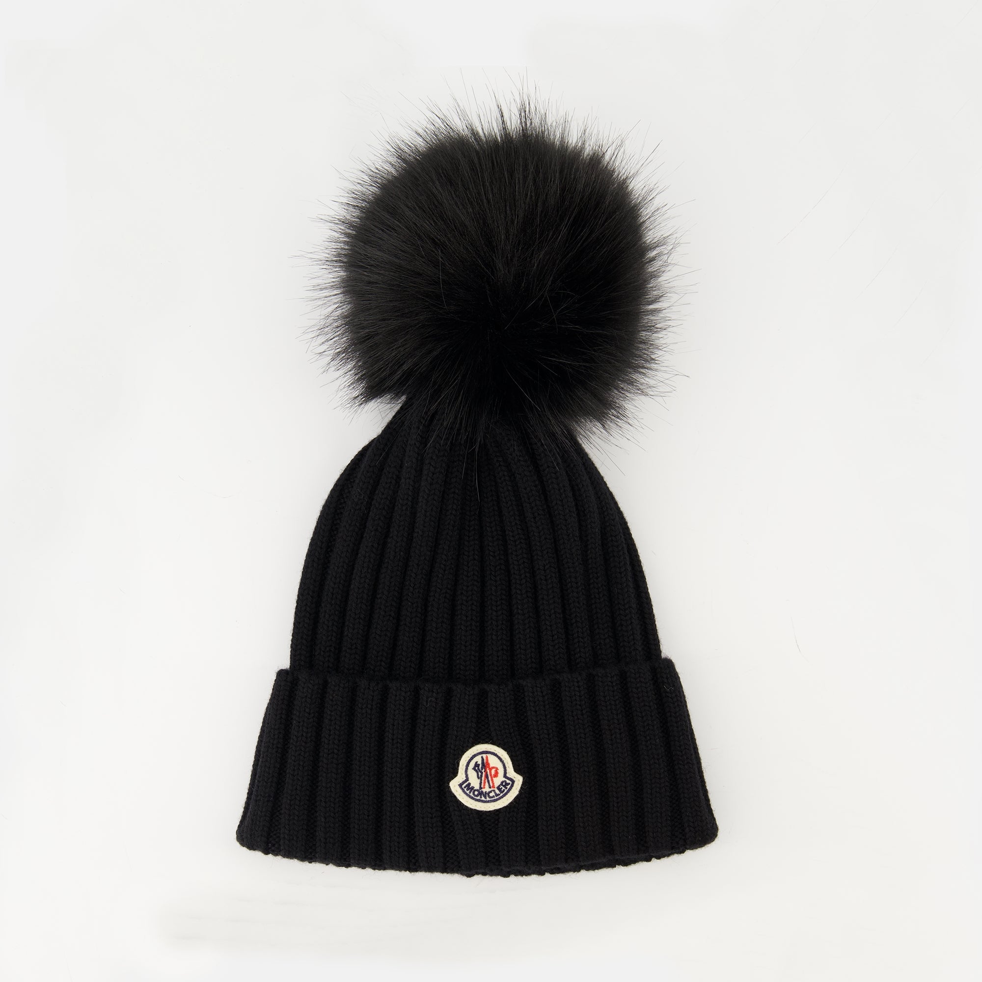 Moncler beanie, wool hat, autumn winter accessory, black pom pom, luxury headwear