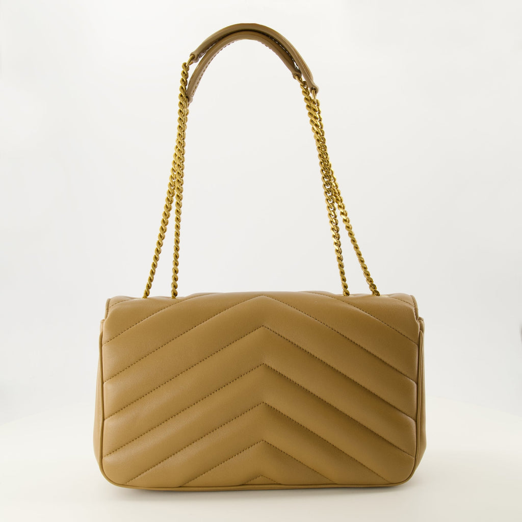 Medium Beige Loulou Bag, Saint Laurent handbag, luxury handbag, leather chevron bag, gold-tone chain handbag