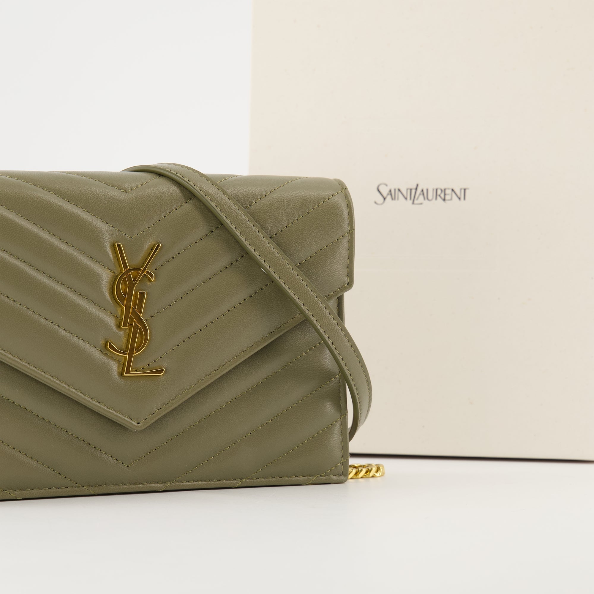 Kaki Chain Envelope Wallet, Saint Laurent wallet, grained lamb leather wallet, metal logo wallet, beige designer wallet