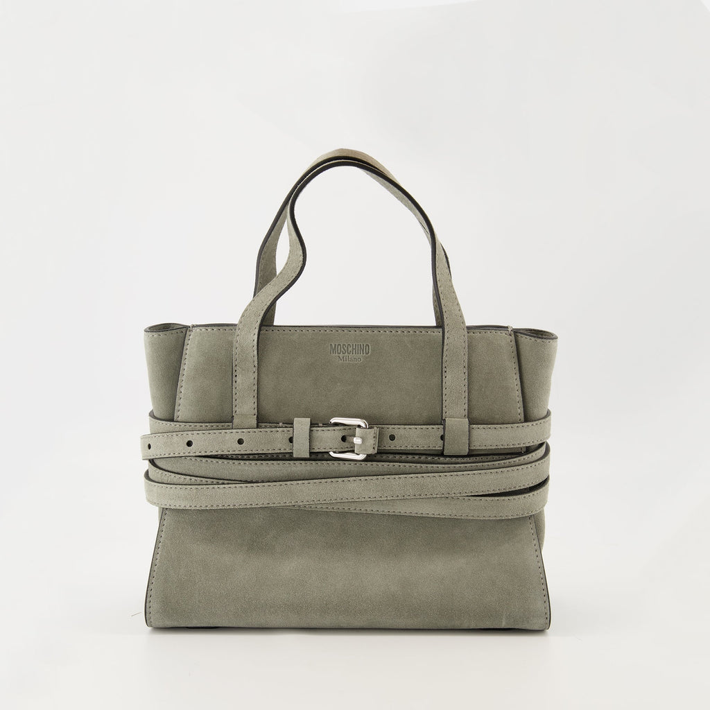 Moschino Tie Me Bag, suede handbag, grey bag, adjustable strap, designer accessories