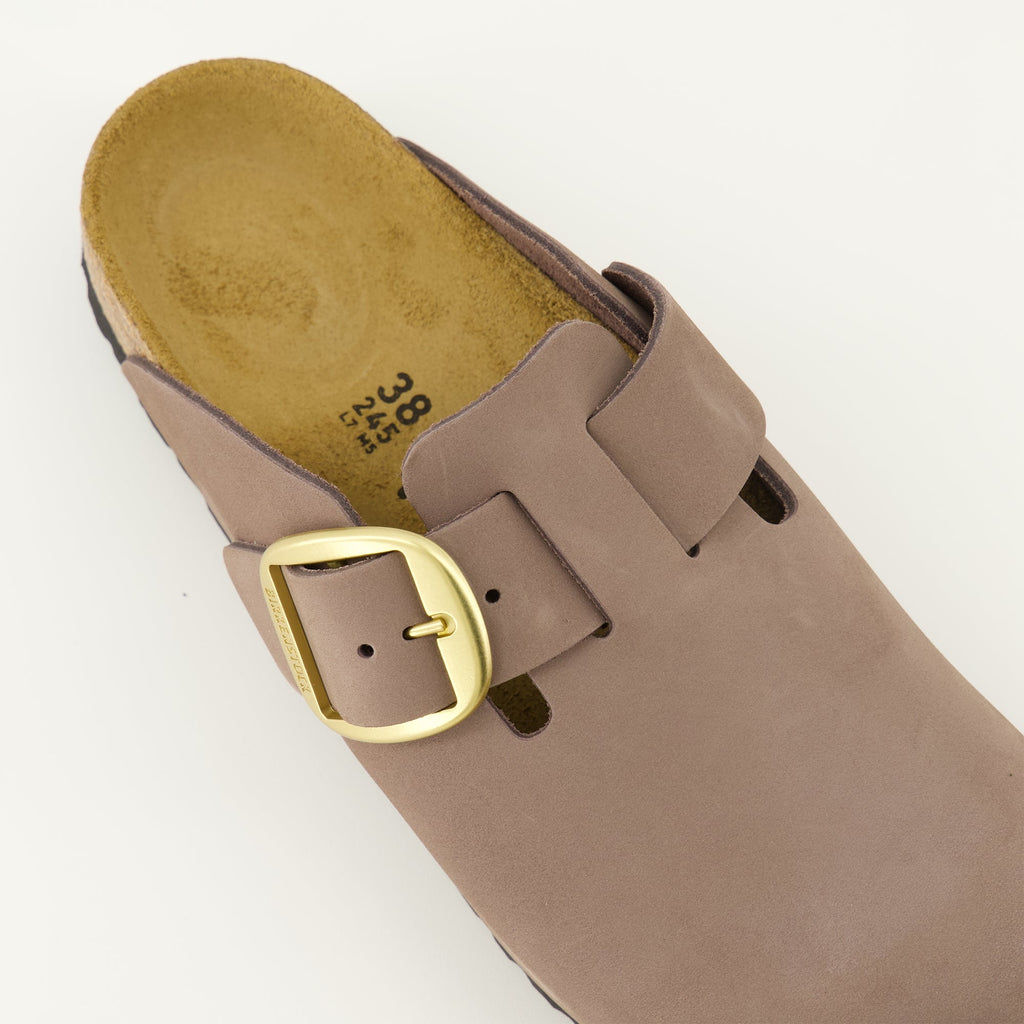 Birkenstock mules, big buckle design, nubuck shoes, comfortable footwear, powder pink mules
