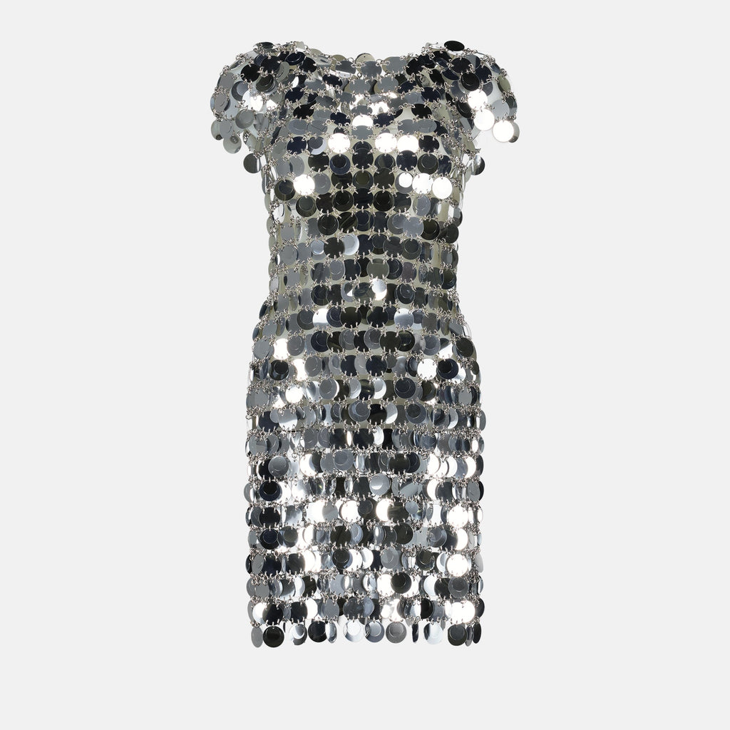 sparkle dress, mid-length dress, Rabanne fashion, silver dress, modern dress