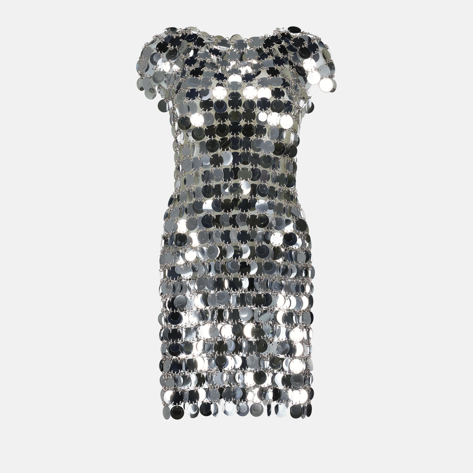 sparkle dress, mid-length dress, Rabanne fashion, silver dress, modern dress