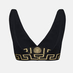 Imagen del top de bikini negro con borde Greca de Versace para mujeres - Temporada Primavera-Verano 2025 - Vista de detalle del producto 1