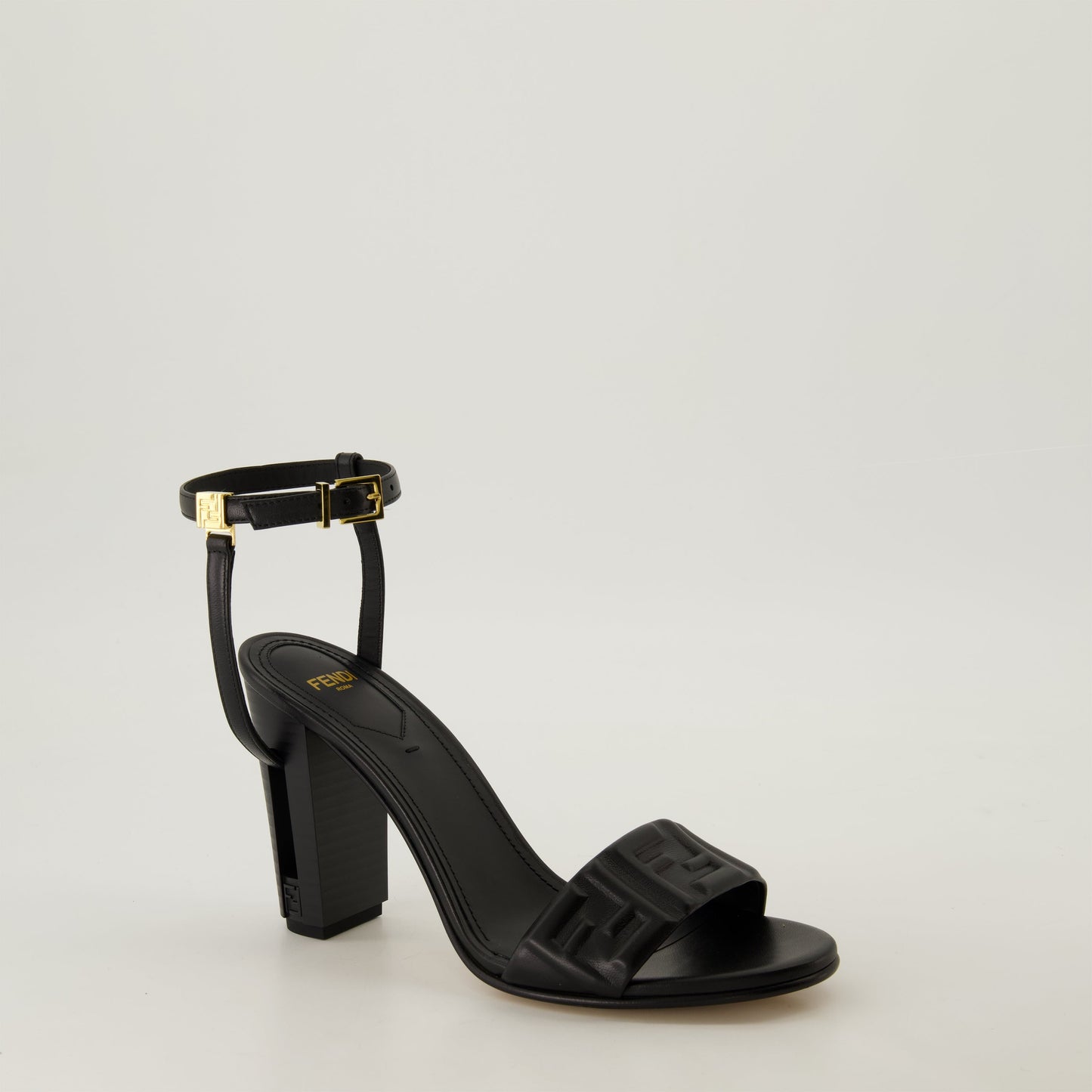 black leather sandals, high heel sandals, adjustable ankle straps, oversized sole, Fendi sandals