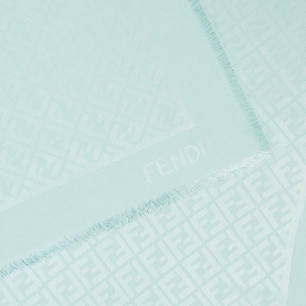Fendi shawl, light blue scarf, wool silk, FF pattern, designer accessory