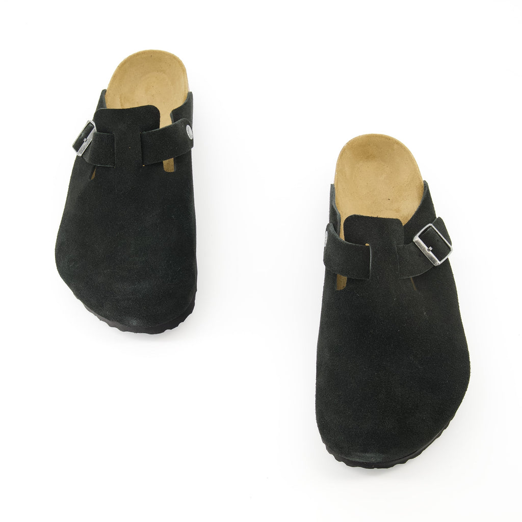 Birkenstock mules, Boston mules, black slip-on shoes, comfortable footwear, nubuck leather mules