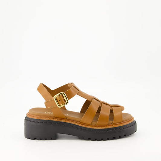 brown leather sandals, adjustable ankle strap, Prada sandals, Spring-Summer 2025, luxury footwear