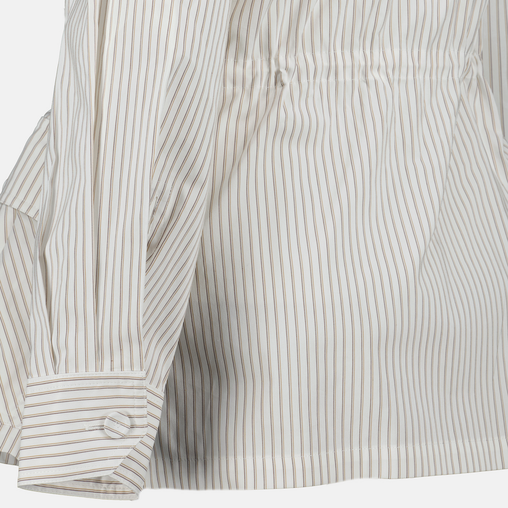 fitted jacket, striped jacket, cotton silk blend, high collar jacket, embroidered logo jacket