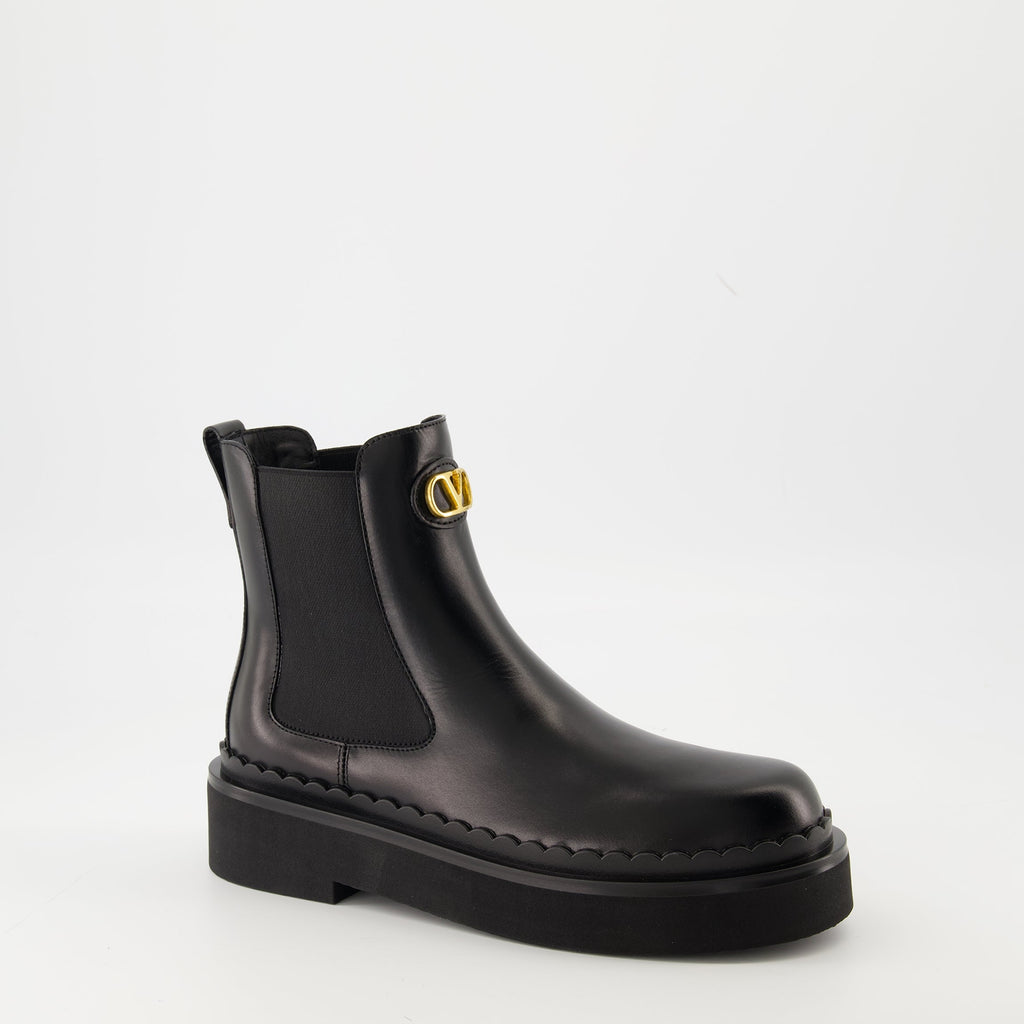 Beatle Boots, Valentino, Black Calf Leather Boots, Slip-On Boots, VLogo Signature