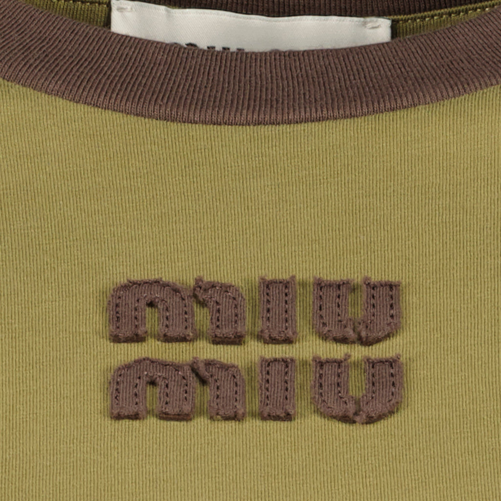 Immagine della T-shirt in cotone kaki di Miu Miu per donne - Stagione Primavera-Estate 2026 - Dettaglio 2