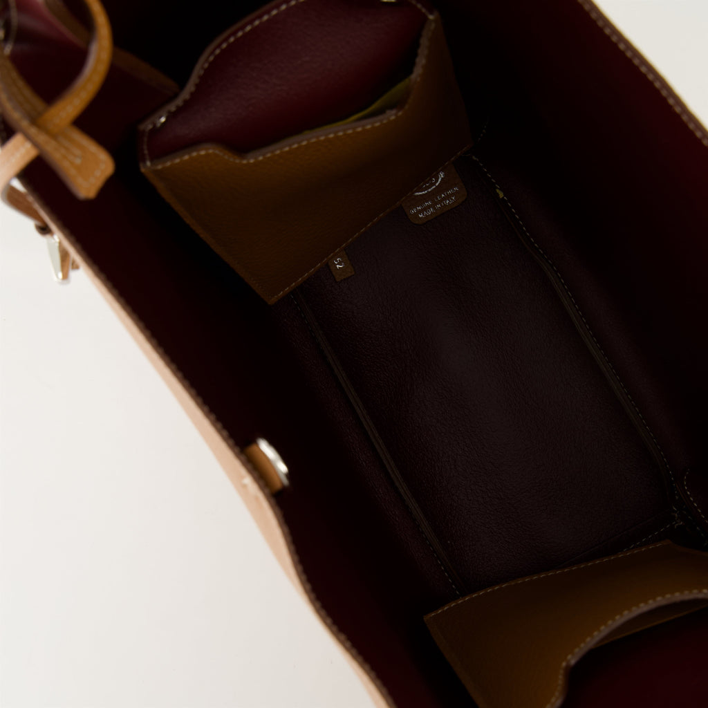 brown leather bucket bag, Tod's bag, luxury accessories, designer handbag, camel leather bag