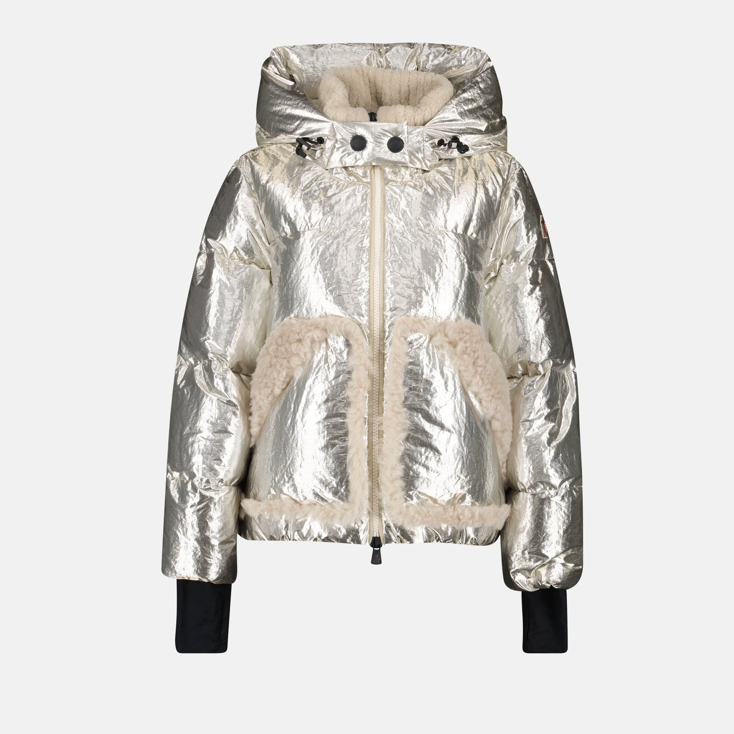 Moncler jacket, silver down jacket, oversized jacket, Trevelin jacket, shearling collar