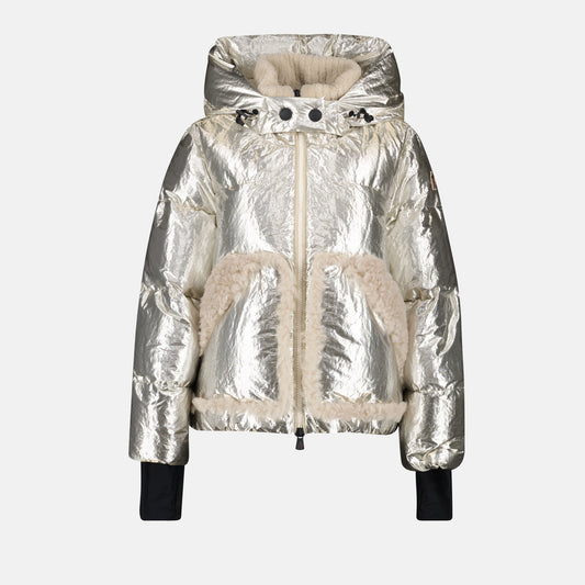 Moncler jacket, silver down jacket, oversized jacket, Trevelin jacket, shearling collar