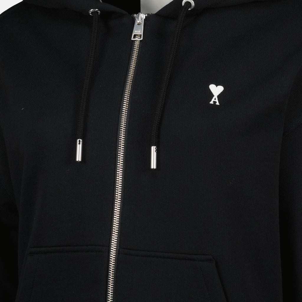 Image du sweat à capuche zippé noir par Ami PARIS pour femmes - Saison Printemps-Été 2026 - Vue de détail 1