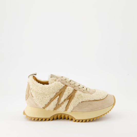 - Shearling sneakers- Moncler AW 2024- Luxury footwear- Beige suede sneakers- High-end casual shoes