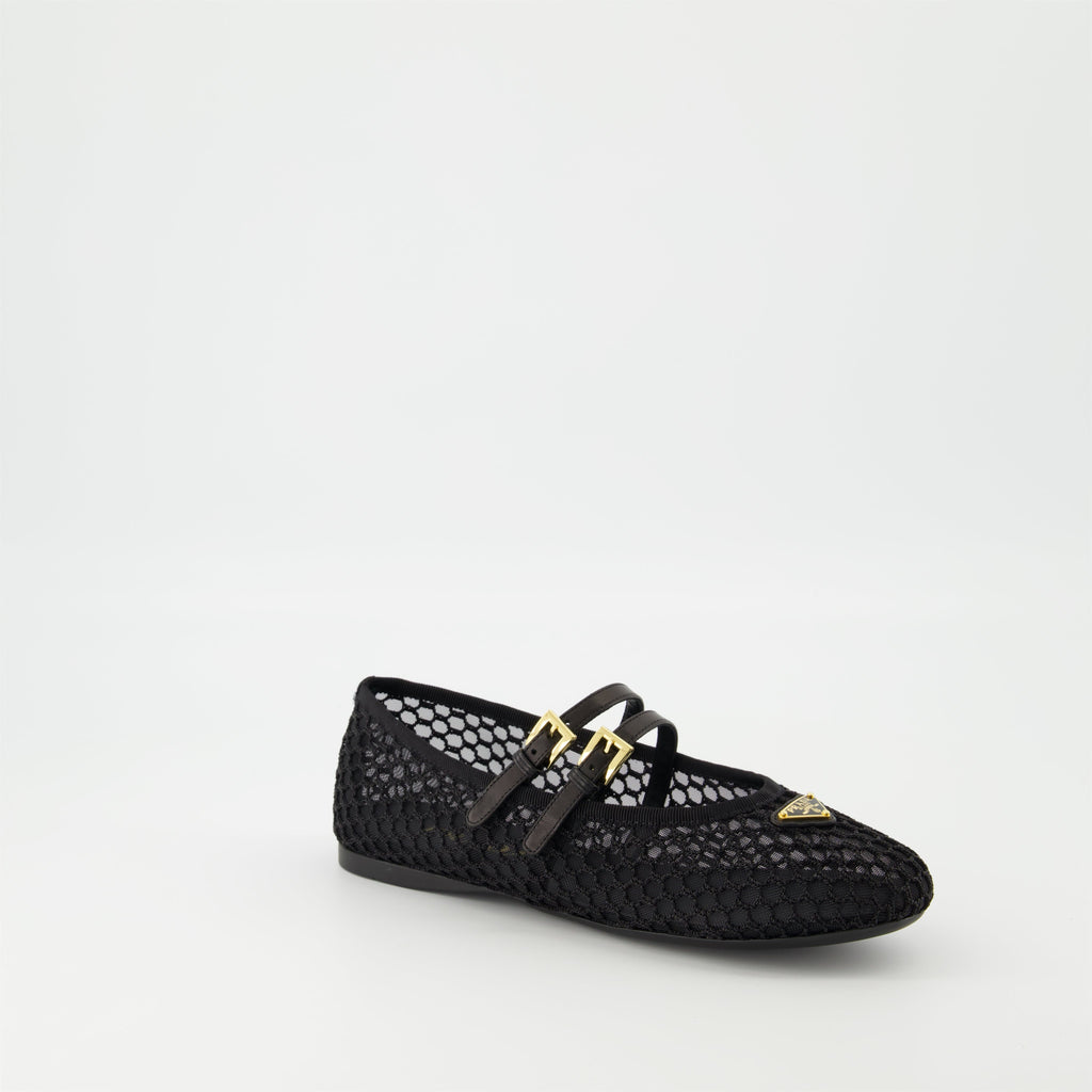 black mesh ballerinas, Prada shoes, stylish flats, rubber sole ballerinas, adjustable strap footwear