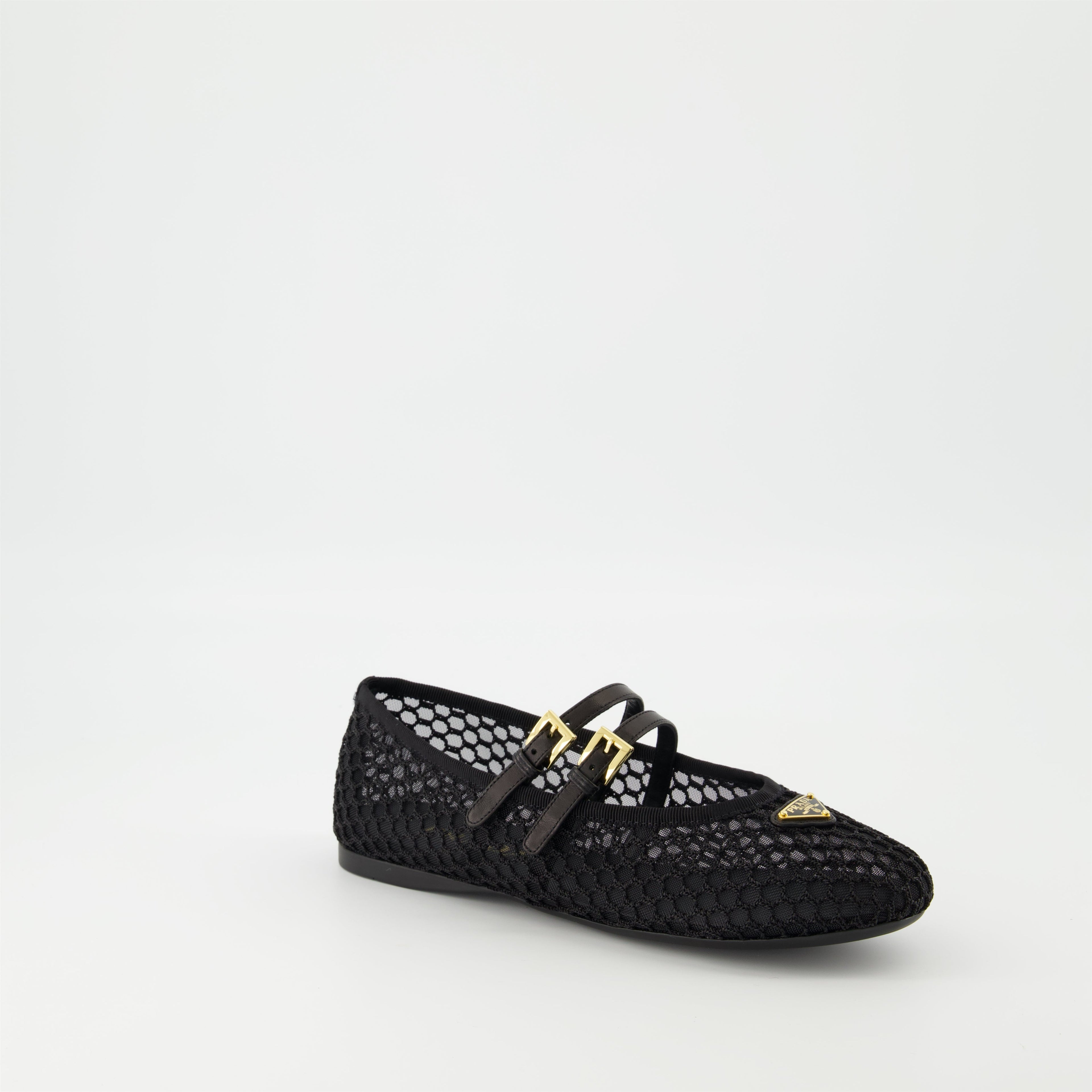 black mesh ballerinas, Prada shoes, stylish flats, rubber sole ballerinas, adjustable strap footwear