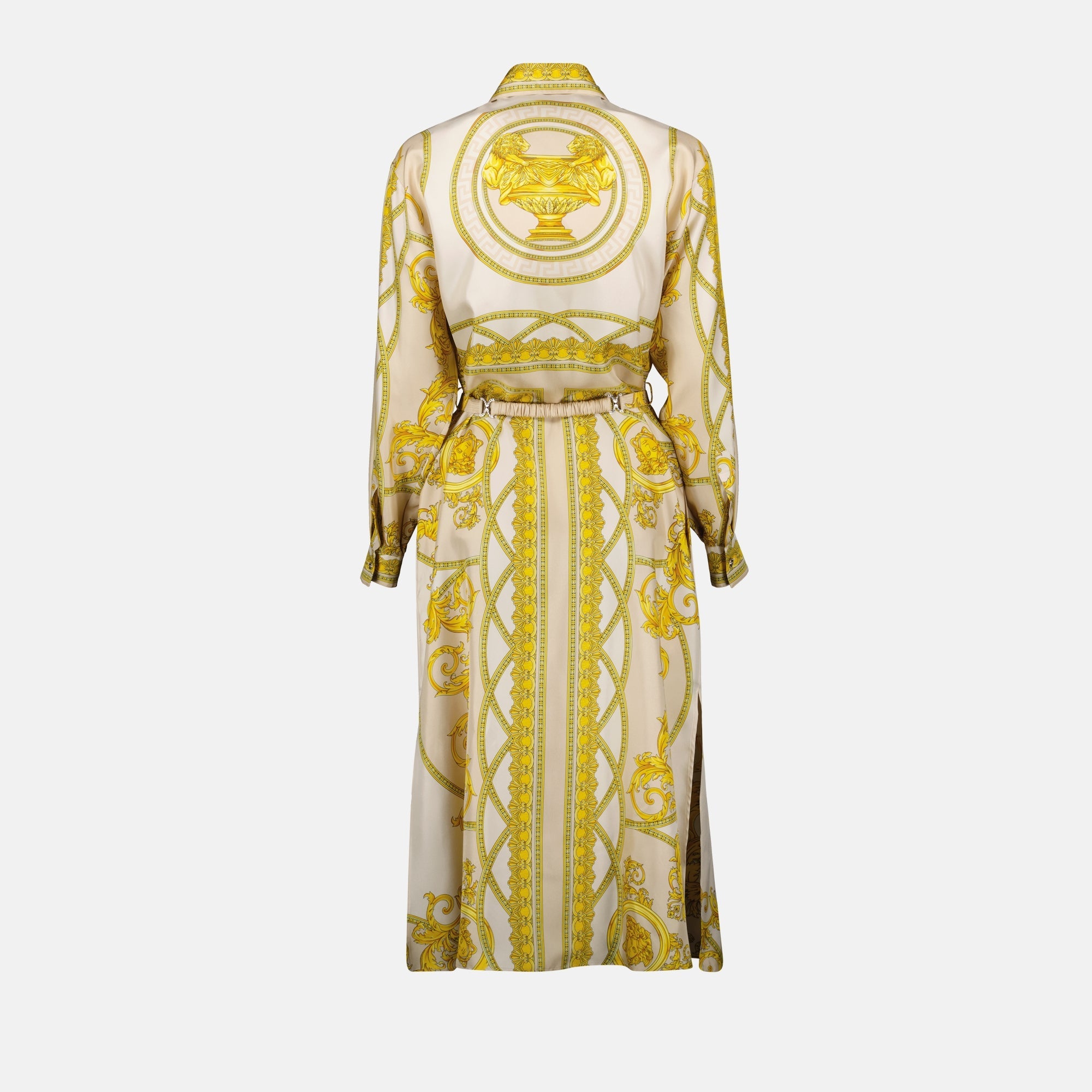 Versace silk dress, luxury shirt dress, Fall-Winter 2024 fashion, La Coupe des Dieux print, elegant women's clothing