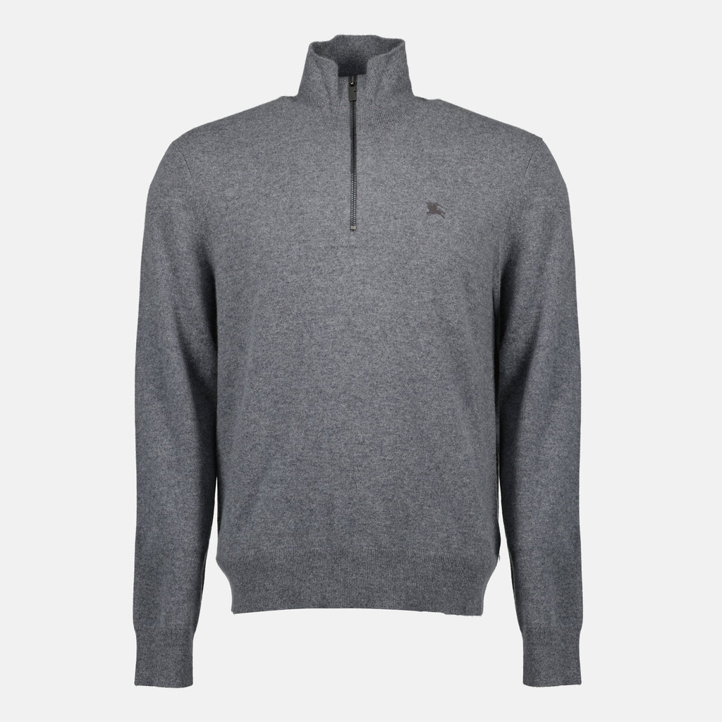 Burberry sweater, cashmere zip-up, gray sweater, high collar sweater, embroidered logo sweatshirt
