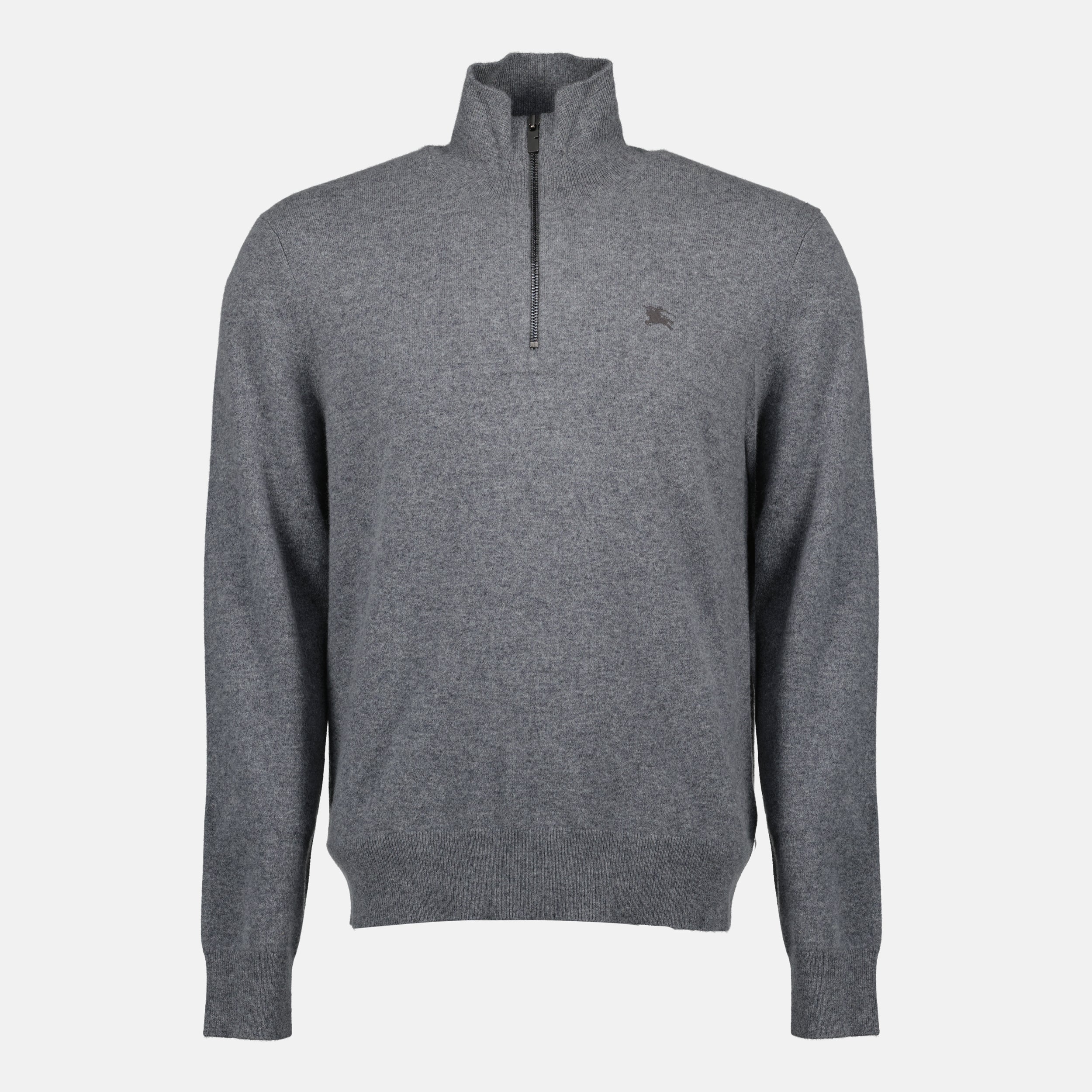 Burberry sweater, cashmere zip-up, gray sweater, high collar sweater, embroidered logo sweatshirt