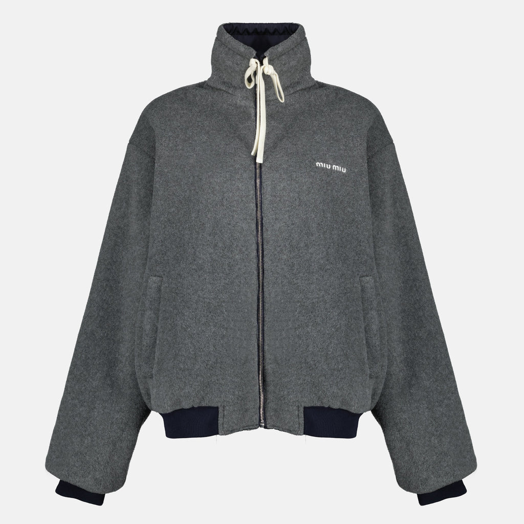 Imagem do blusão reversível azul e cinza da Miu Miu para mulheres - Temporada Primavera-Verão 2026 - Vista Traseira