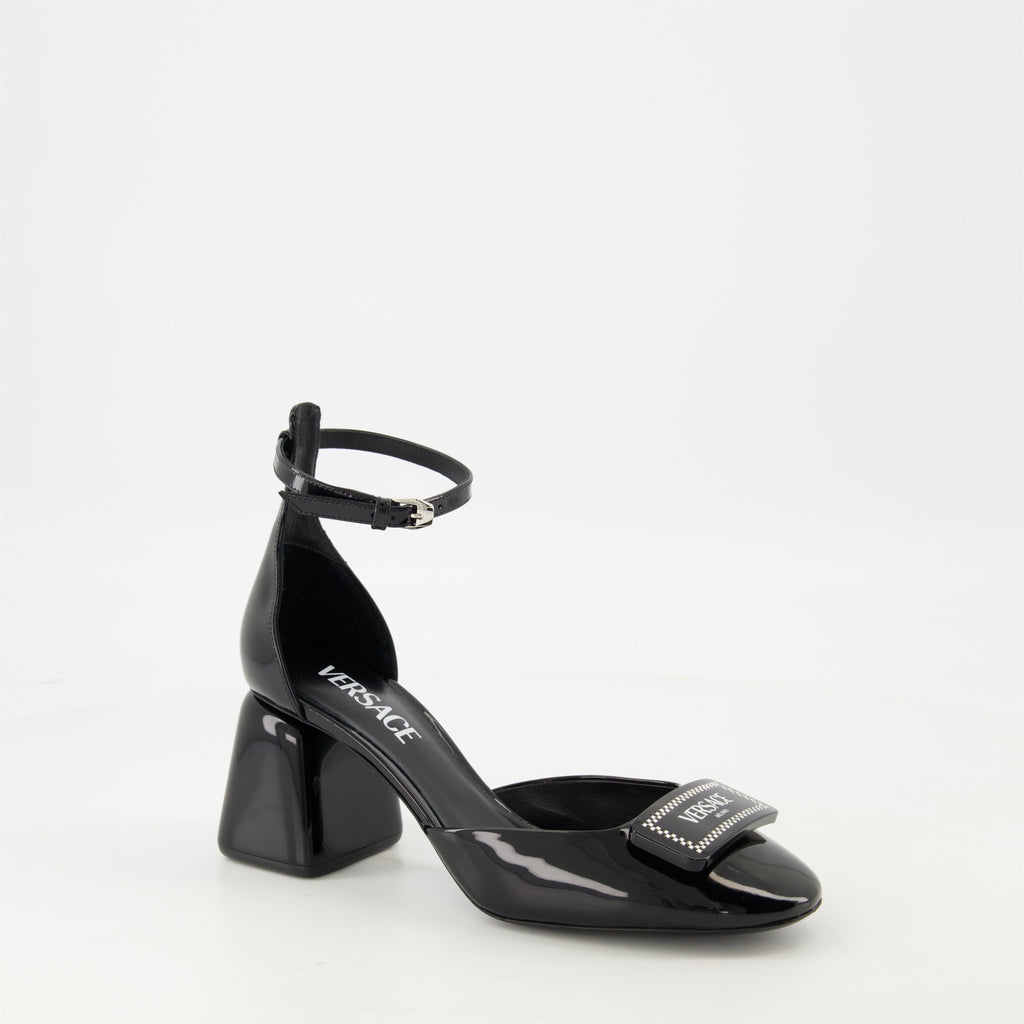 black patent leather heels, Versace shoes, adjustable ankle strap heels, elegant footwear, Spring-Summer collection