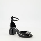 black patent leather heels, Versace shoes, adjustable ankle strap heels, elegant footwear, Spring-Summer collection
