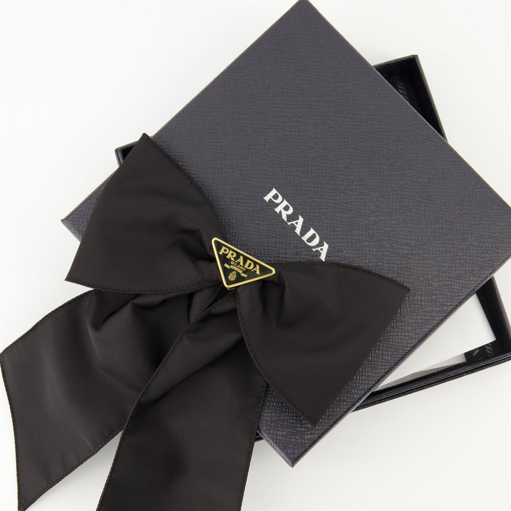 Prada barrette, Re-Nylon accessory, bow hair clip, sustainable fashion, black hair accessory