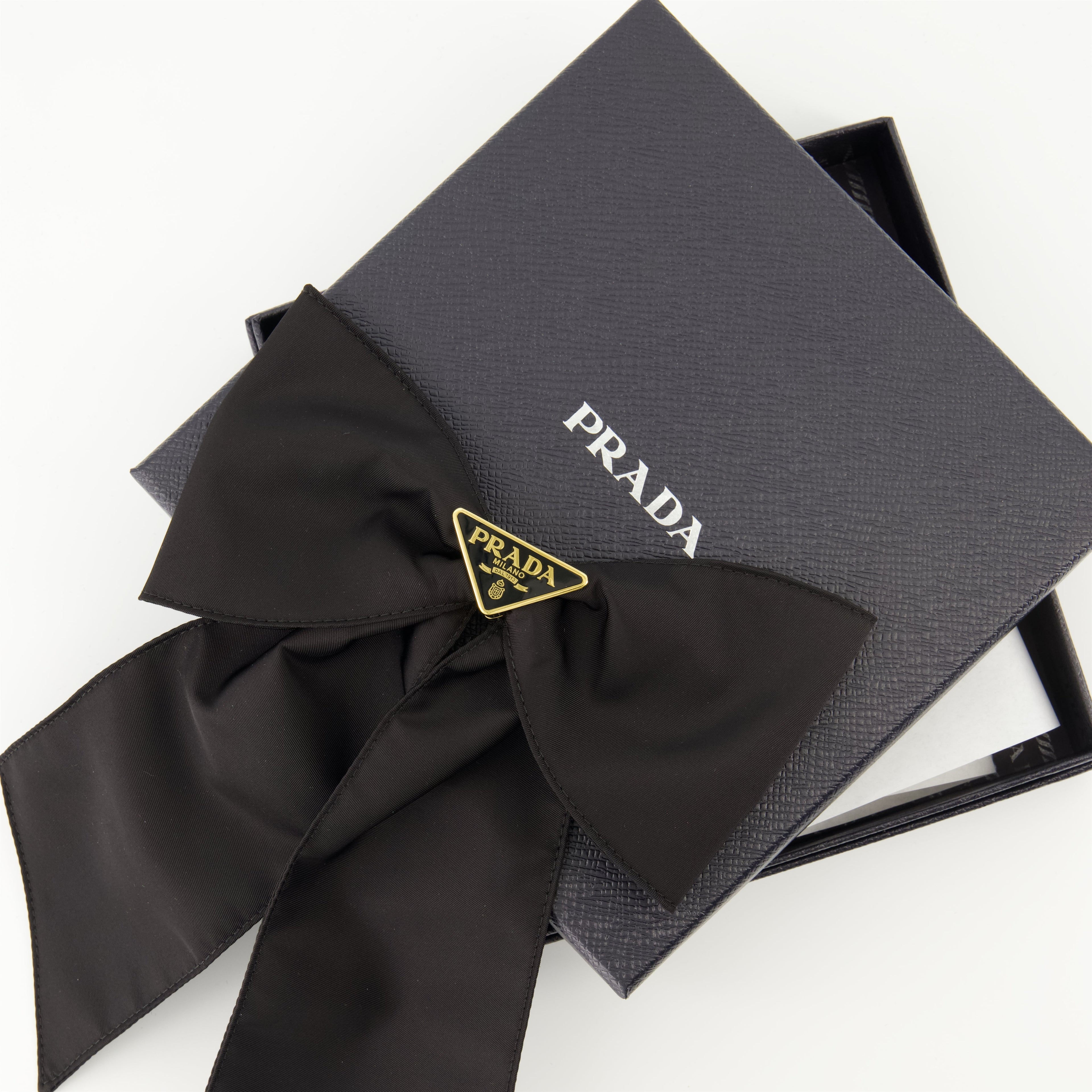Prada barrette, Re-Nylon accessory, bow hair clip, sustainable fashion, black hair accessory