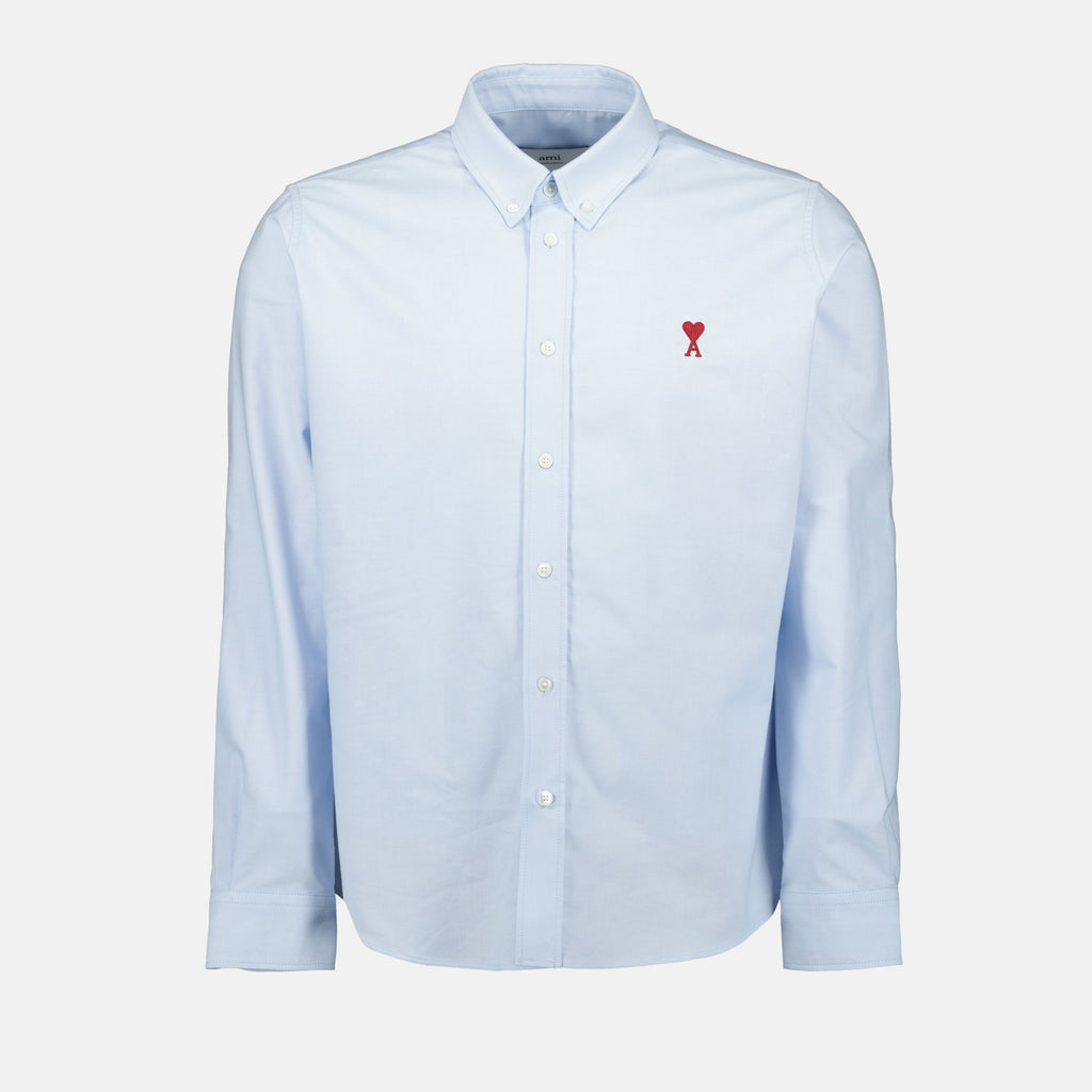 light blue cotton shirt, AMI Paris, unisex shirt, classic collar shirt, embroidered logo shirt