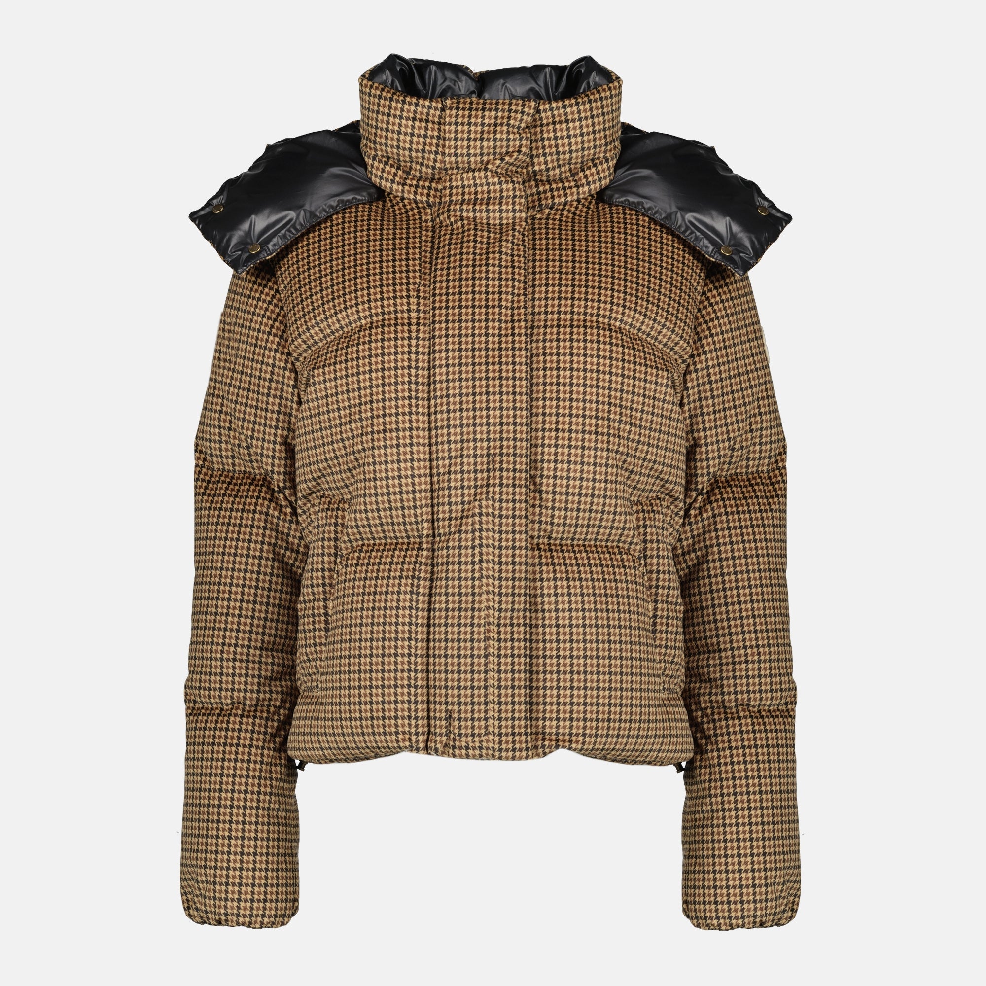 Moncler plaid down jacket, winter outerwear, chocolate brown jacket, ladies down jacket, functional winter fashion