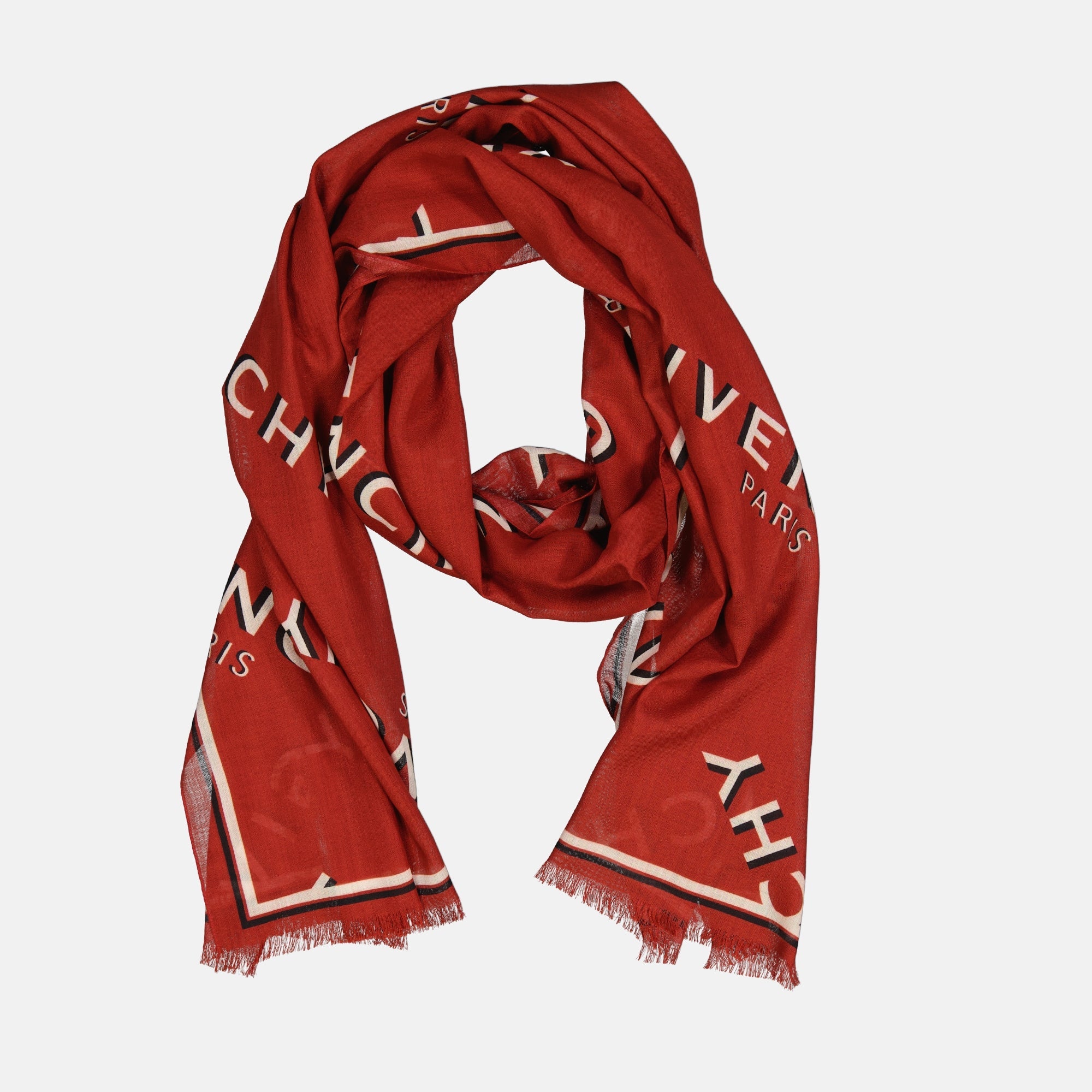 Givenchy stole, silk wool accessory, red stole, fringed edges, Givenchy Paris