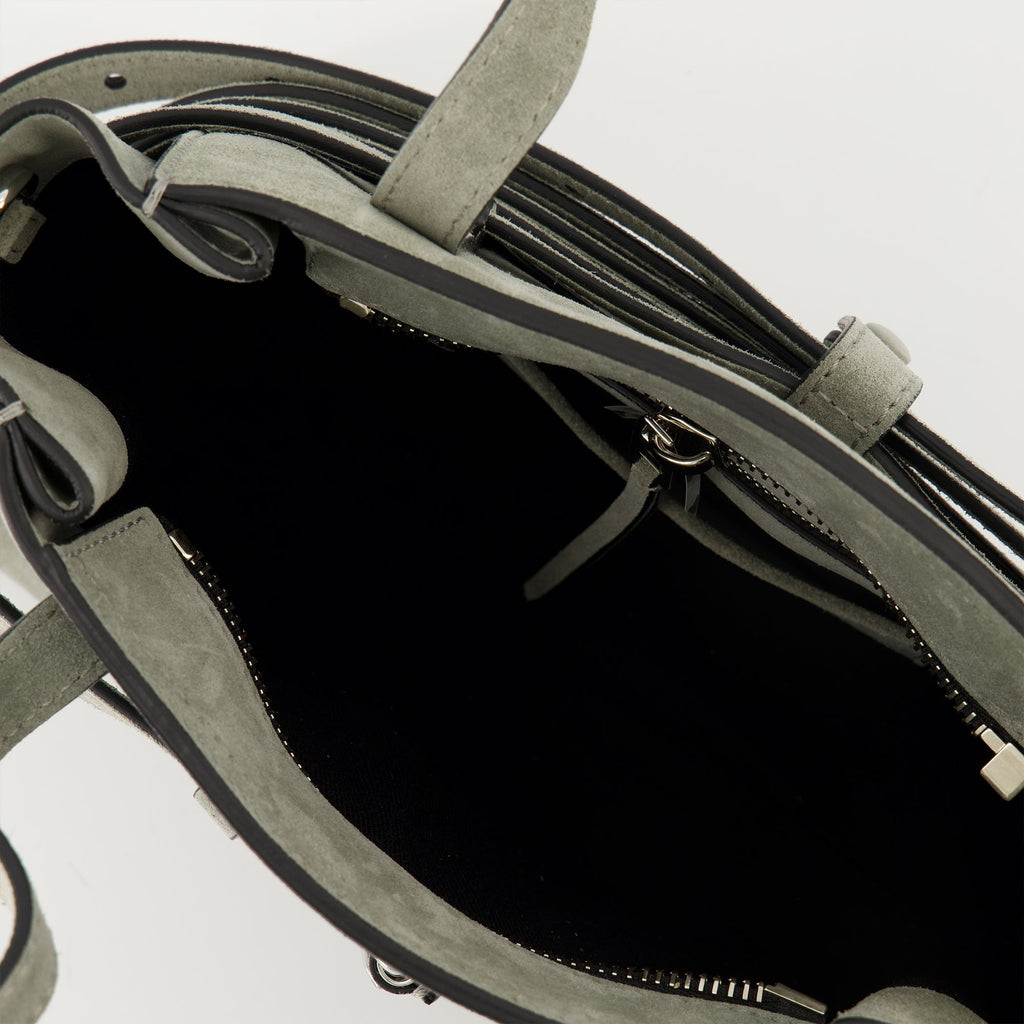 Moschino Tie Me Bag, suede handbag, grey bag, adjustable strap, designer accessories