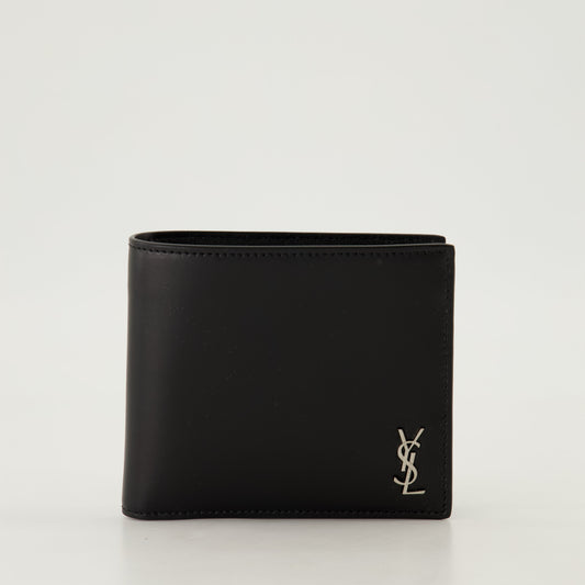 YSL wallet, black leather wallet, luxury accessory, card slots wallet, metallic logo wallet