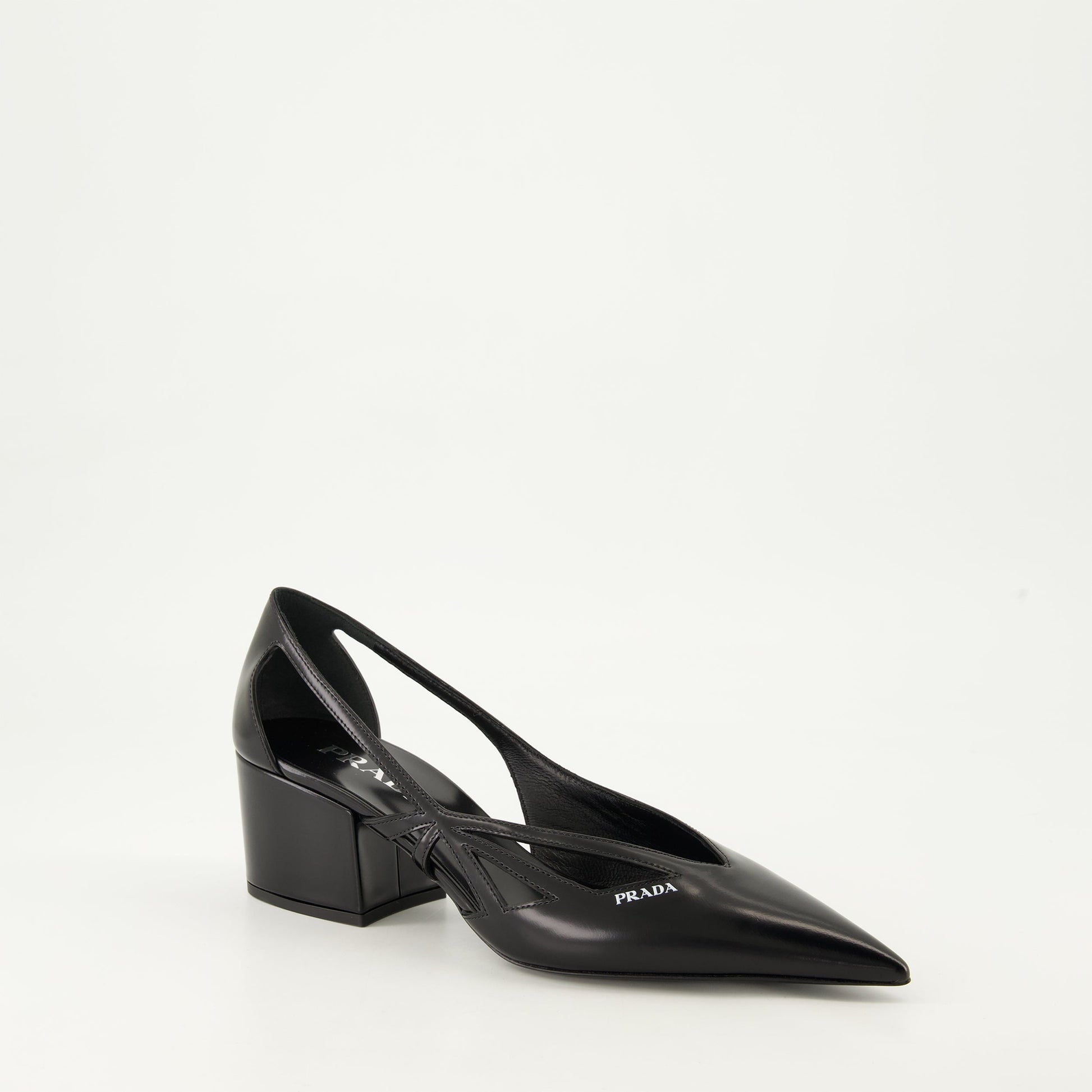 black leather pumps, pointed toe shoes, Prada pumps, cut-out pumps, luxury footwear