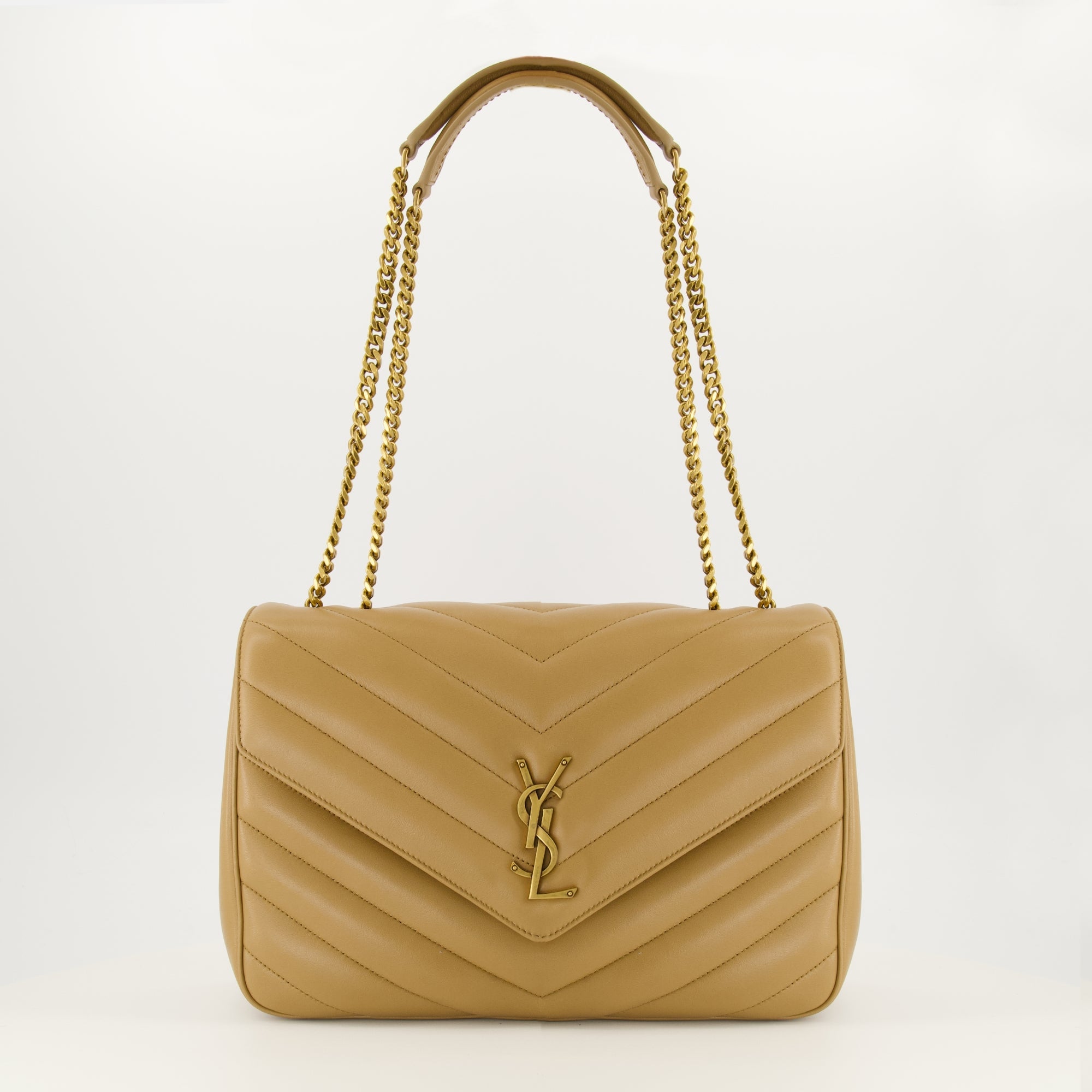 YSL Chevron Bag, taupe handbag, quilted design, luxury accessories, Saint Laurent bag