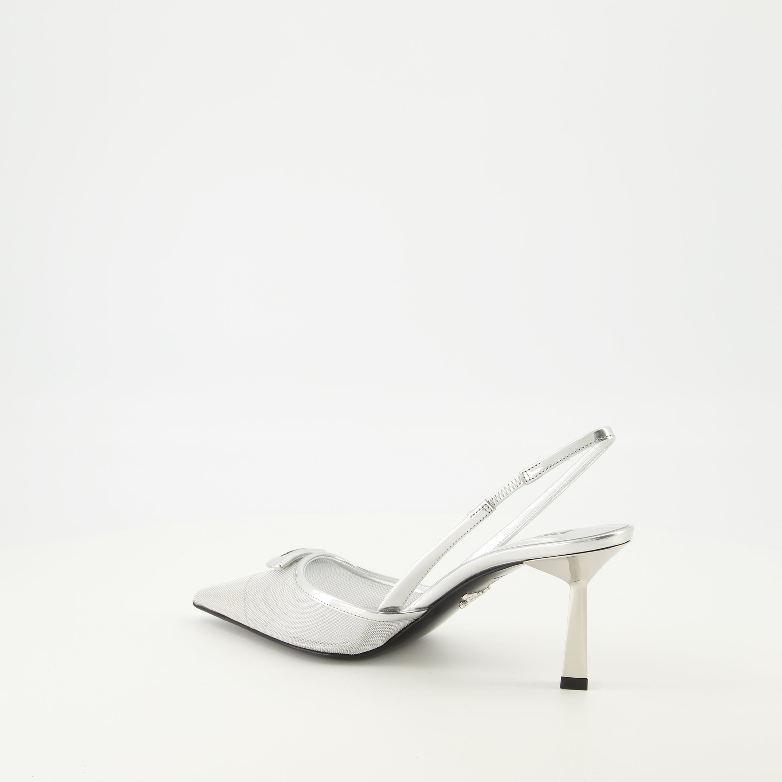 silver mesh heels, Prada footwear, pointed toe heels, elegant shoes, spring-summer collection