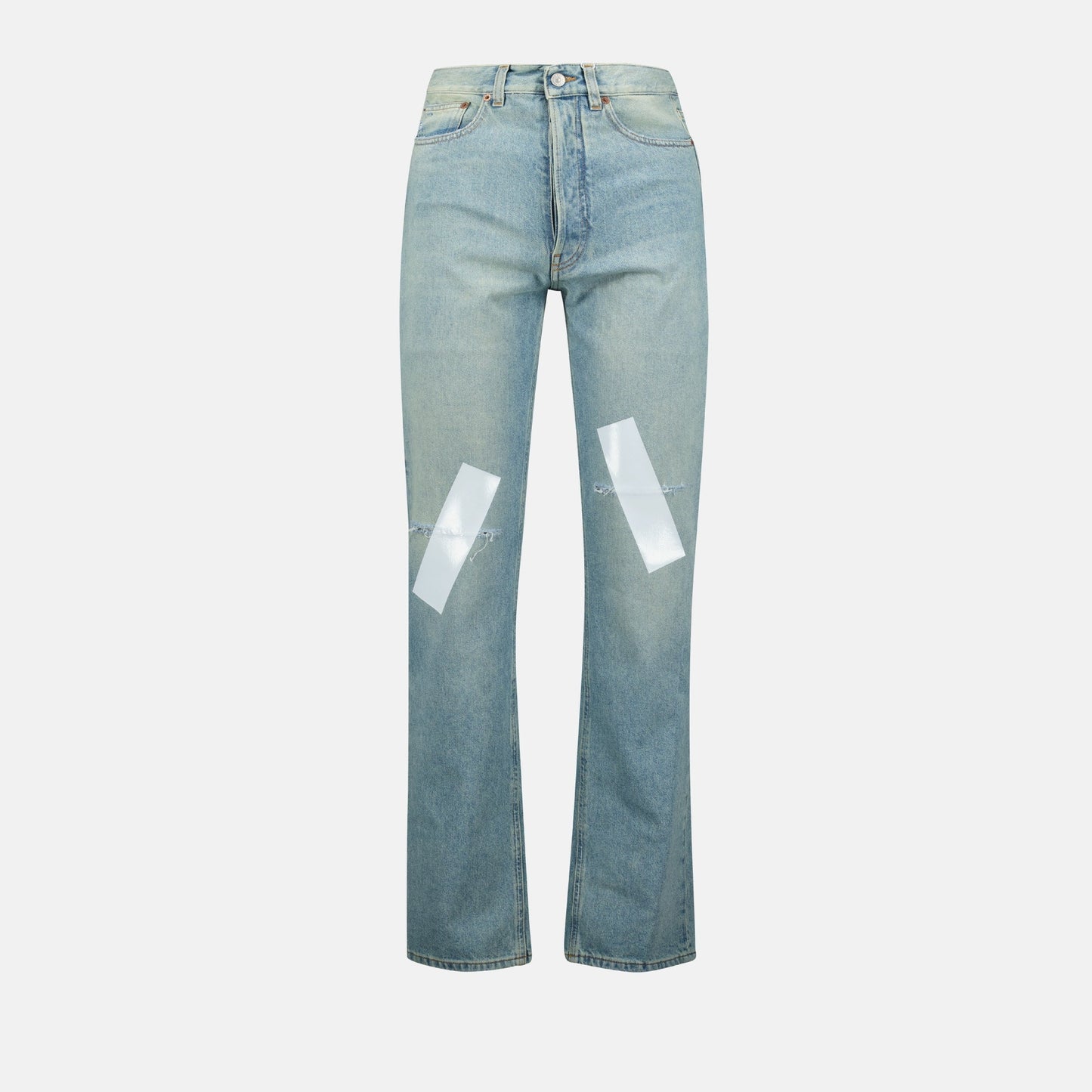 MM6 jeans, Patchwork denim, Straight fit jeans, Distressed denim, Adhesive band jeans