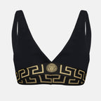 Imagen del top de bikini negro con borde Greca de Versace para mujeres - Temporada Primavera-Verano 2025 - Vista frontal