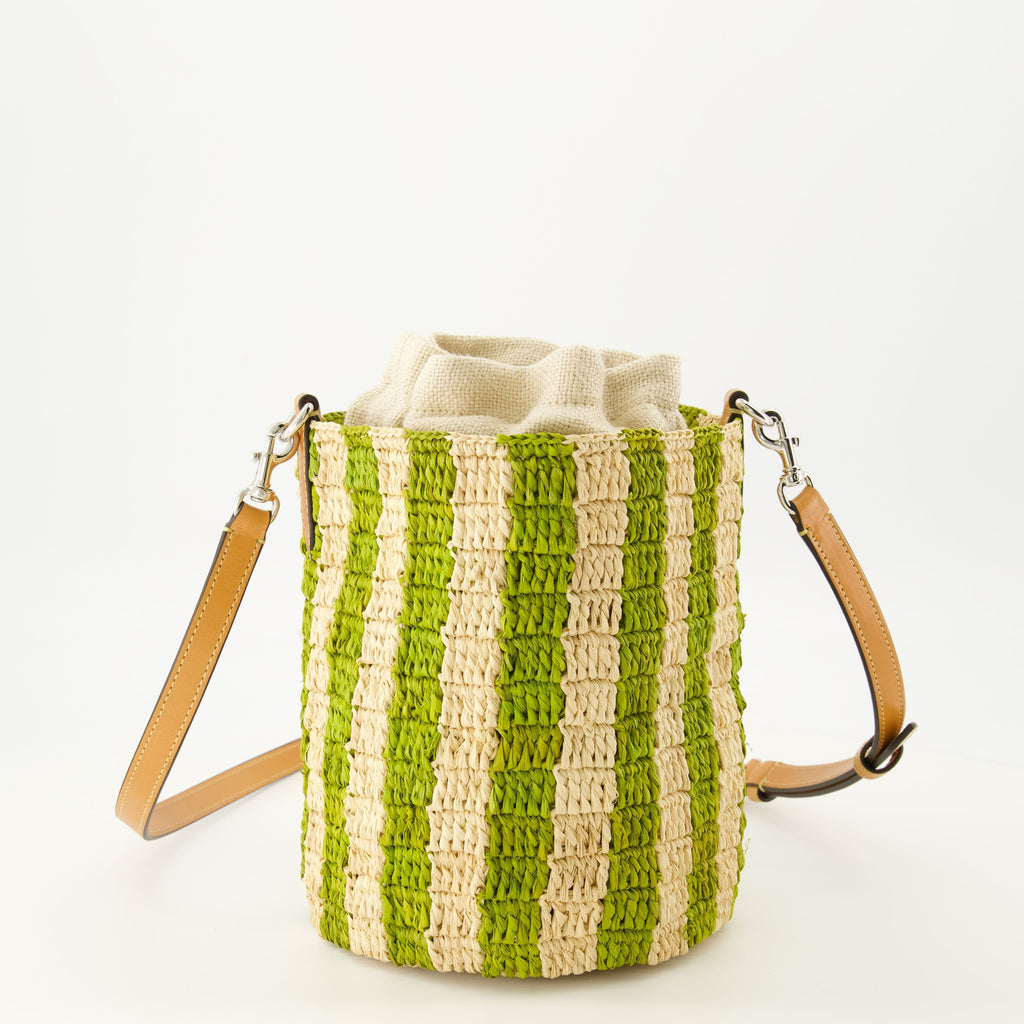 Piccola Borsa a Secchiello Striata Verde in Raffia