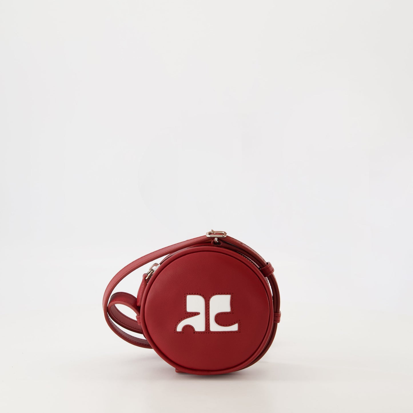 red leather bag, round bag, unisex bag, Courrèges, luxury accessory