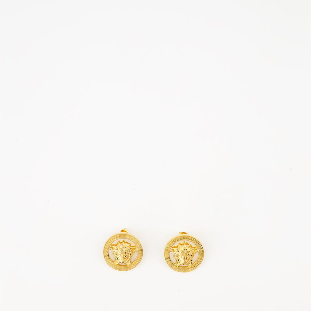 Versace earrings, gold metal earrings, luxury jewelry, designer accessories, Medusa earrings
