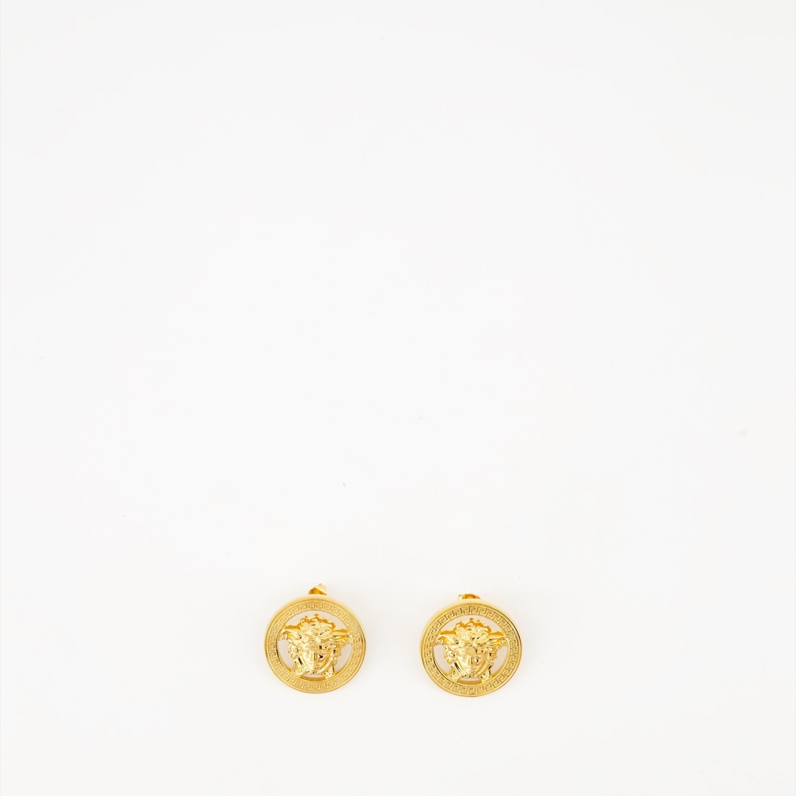 Versace earrings, gold metal earrings, luxury jewelry, designer accessories, Medusa earrings